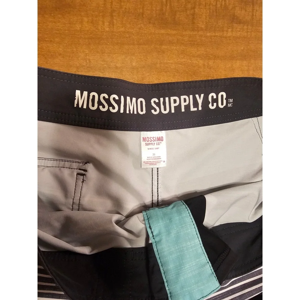 Mens Mossimo Swim Trunks Striped 38 M Teal & Gray pockets tie close H19